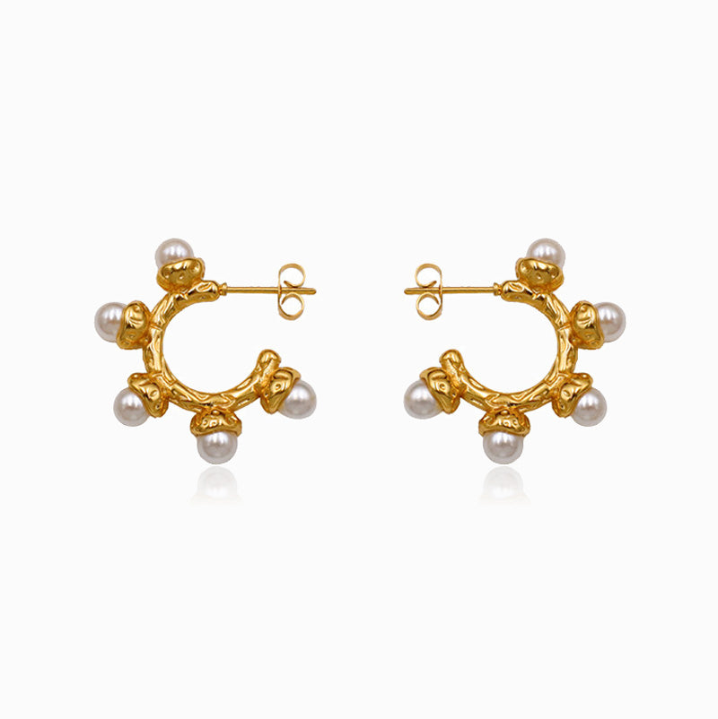 Gold C Hoop Earrings with Pearls 27x27mm BR1294 - Stainless Steel
