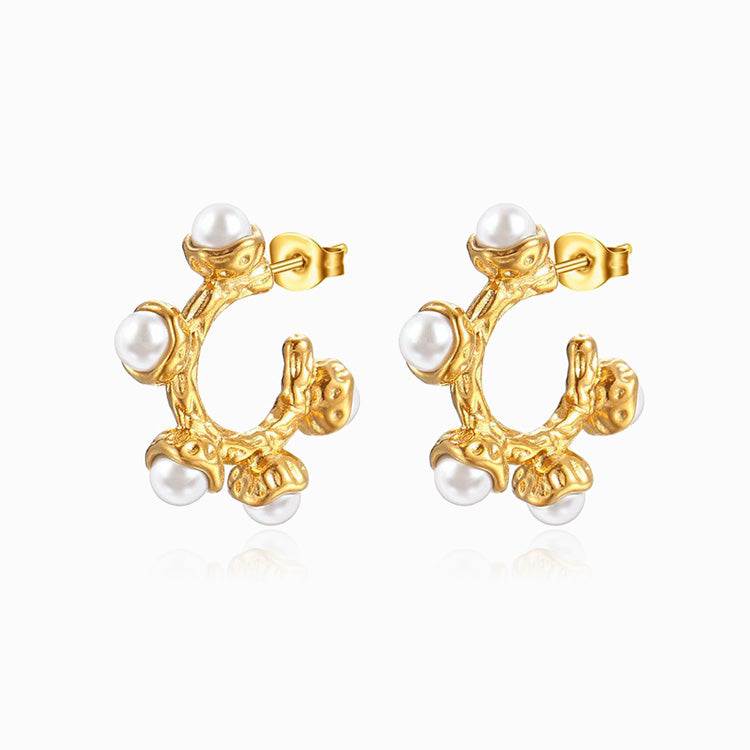 Gold C Hoop Earrings with Pearls 27x27mm BR1294 - Stainless Steel
