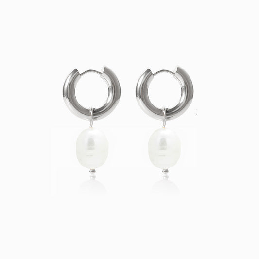 Silver Freshwater Pearl Earrings 30x13mm BR1156 - Stainless Steel