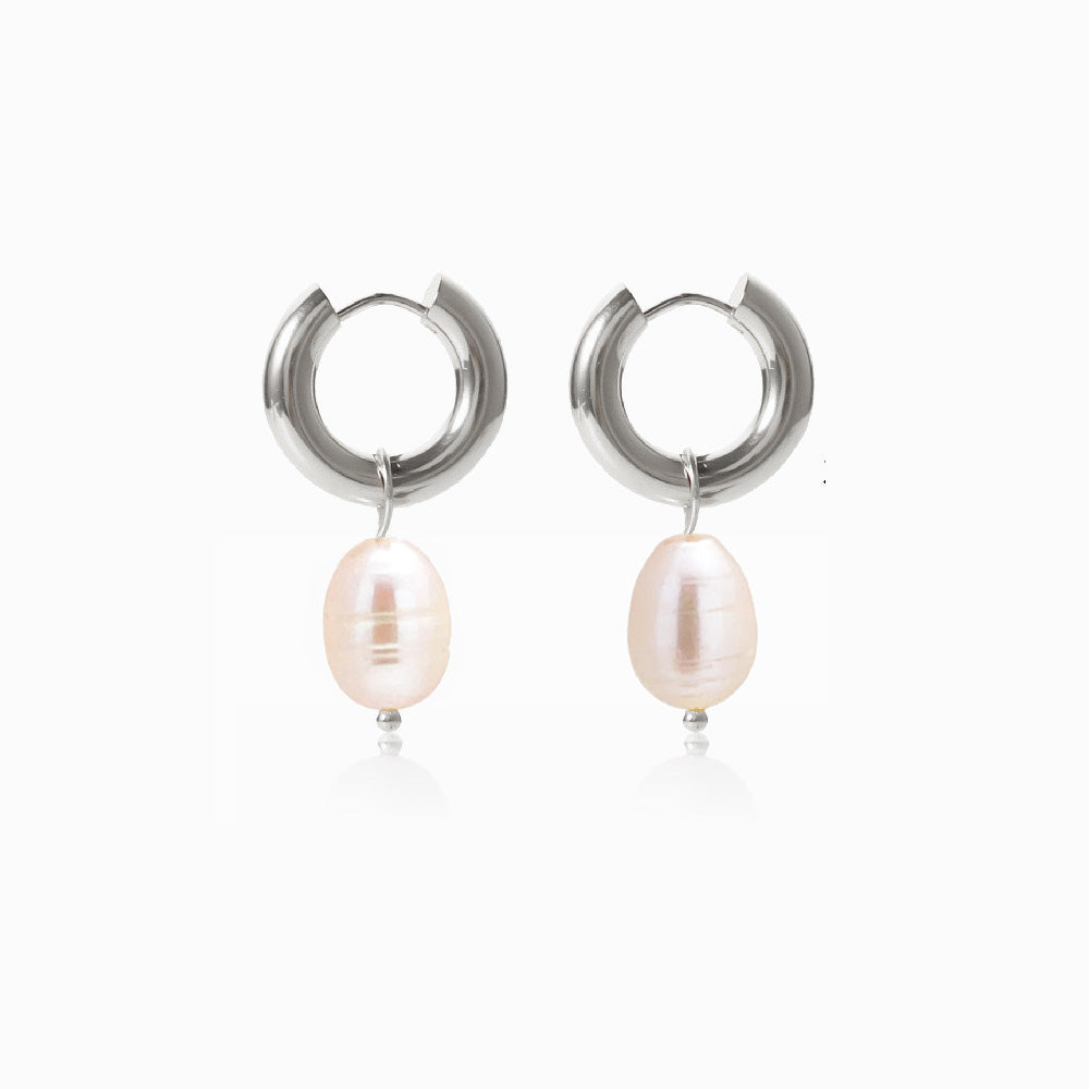 Silver Freshwater Pearl Earrings 30x13mm BR1157 - Stainless Steel