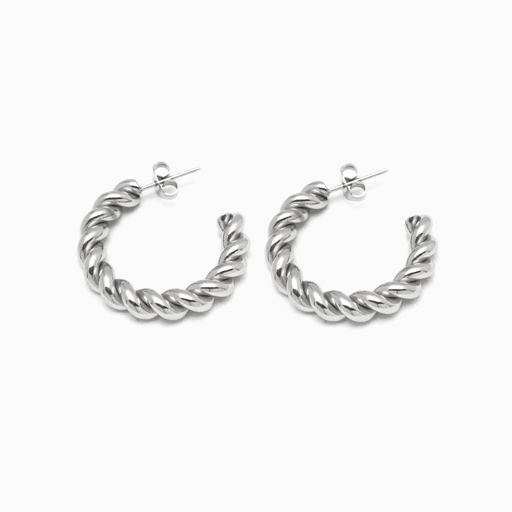 Silver Twisted C Hoop Earrings 32x32mm BR1128 - Stainless Steel
