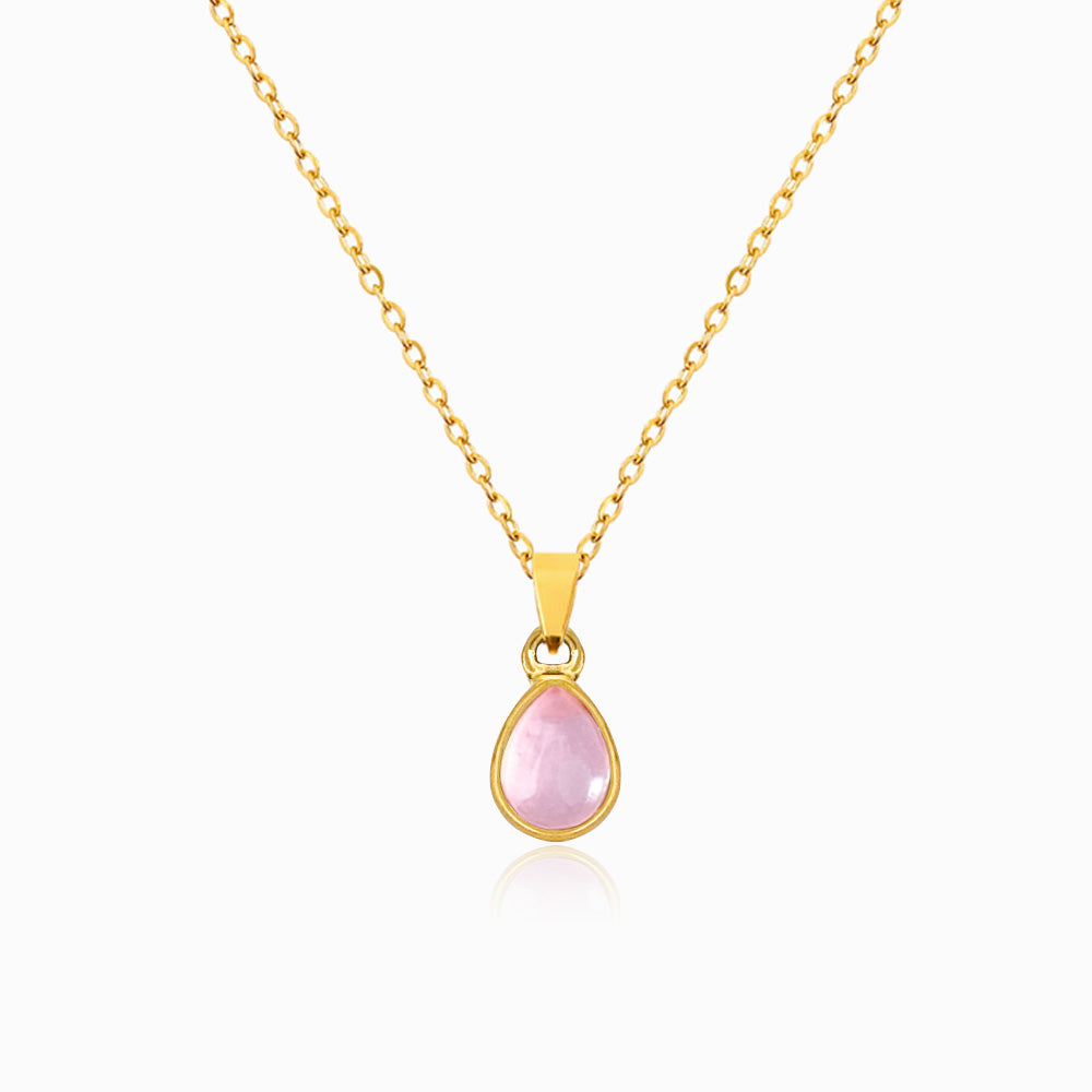 Gold Rose Quartz Teardrop Necklace CL1599 - Stainless Steel