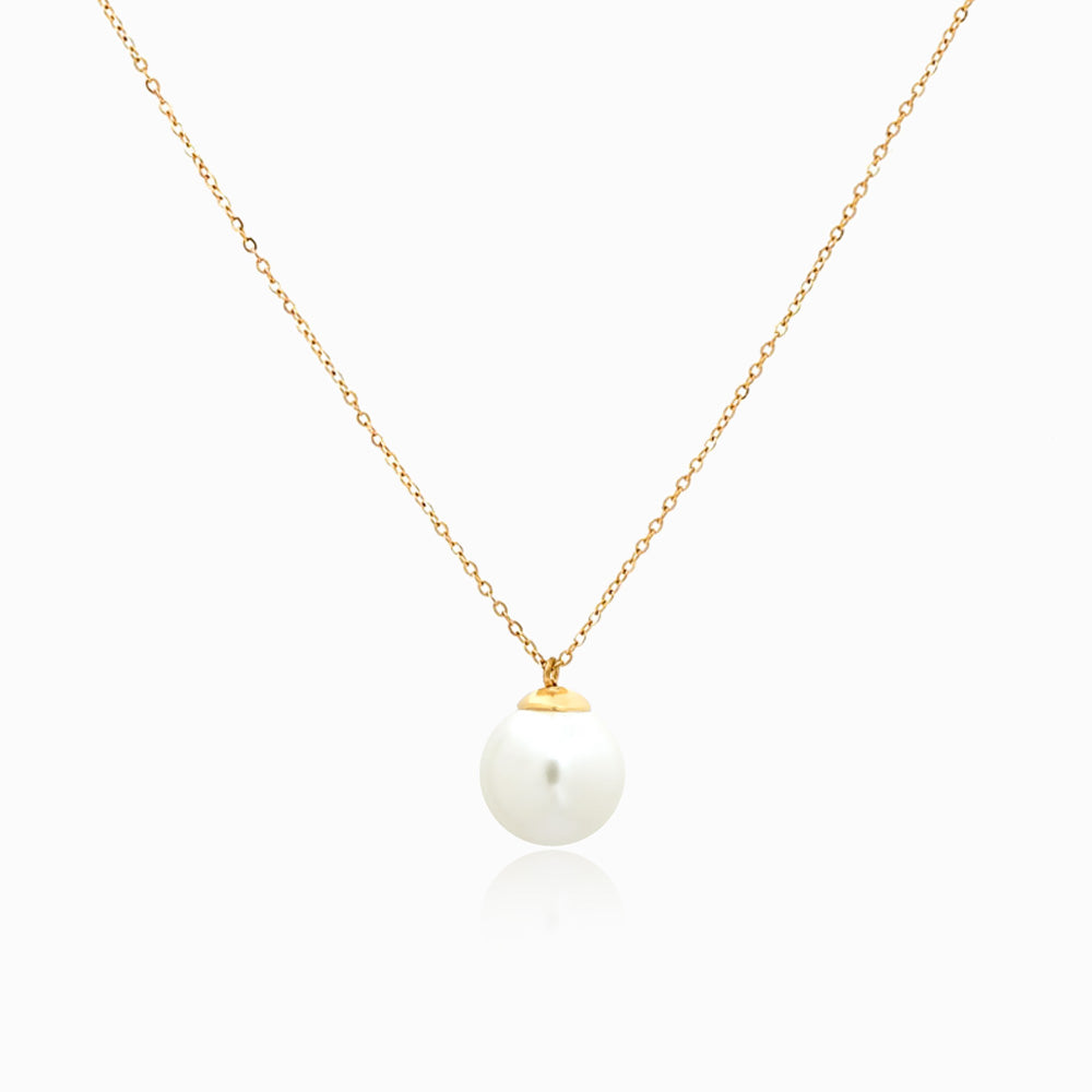 Gold necklace with a pearl pendant on a white background