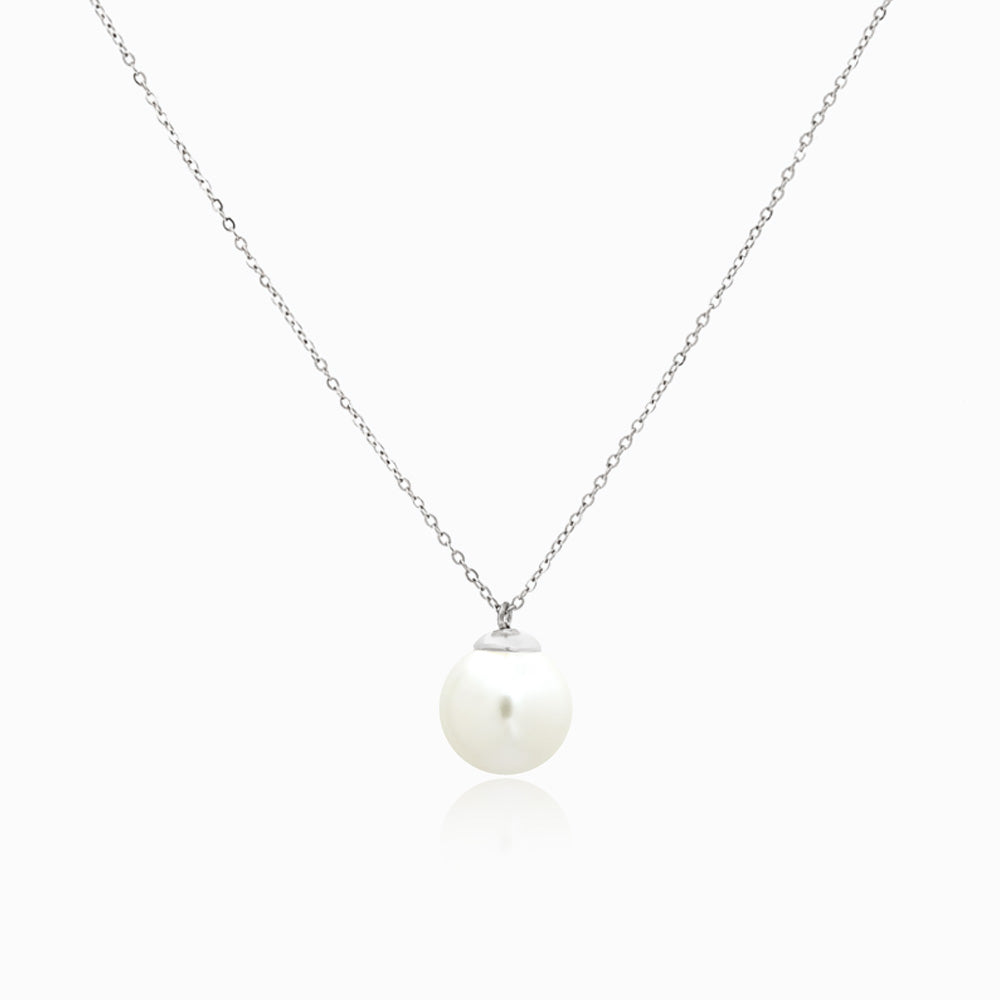Silver necklace with a pearl pendant on a white background