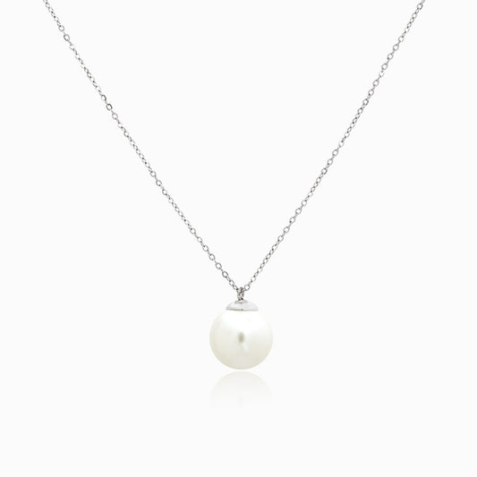 Silver necklace with a pearl pendant on a white background