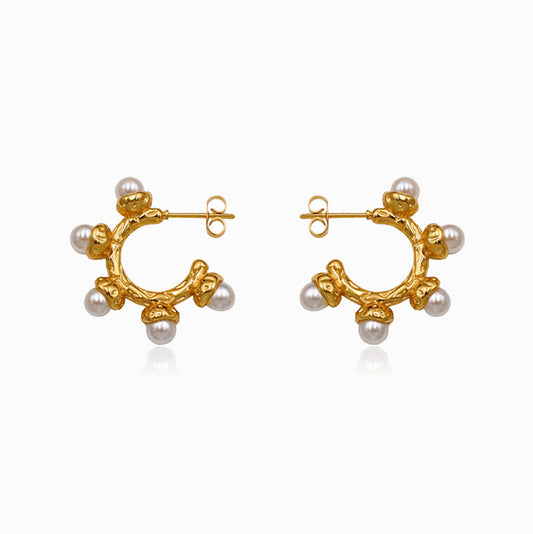 Gold C Hoop Earrings with Pearls 27x27mm BR1294 - Stainless Steel