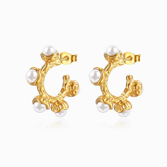 Gold C Hoop Earrings with Pearls 27x27mm BR1294 - Stainless Steel