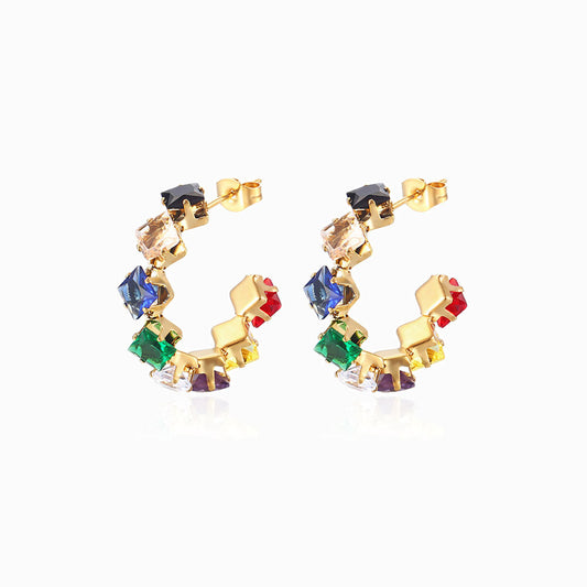 Gold Cubic Zirconia C Hoop Earrings 30mm BR1044 - Stainless Steel