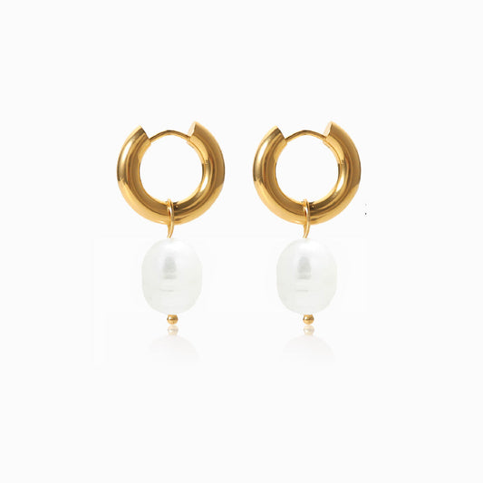 Gold Freshwater Pearl Earrings 30x13mm BR1156 - Stainless Steel