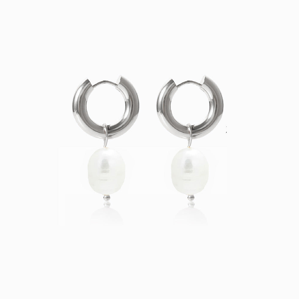 Silver Freshwater Pearl Earrings 30x13mm BR1156 - Stainless Steel