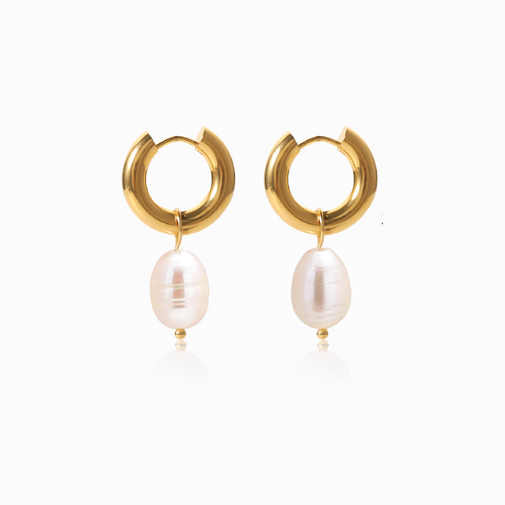 Gold Freshwater Pearl Earrings 30x13mm BR1157 - Stainless Steel