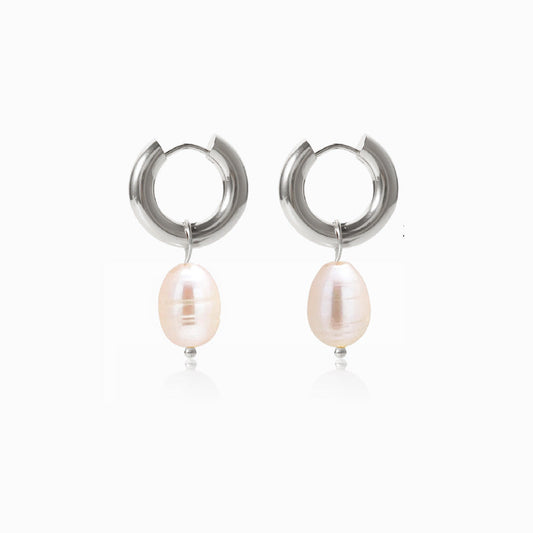 Silver Freshwater Pearl Earrings 30x13mm BR1157 - Stainless Steel
