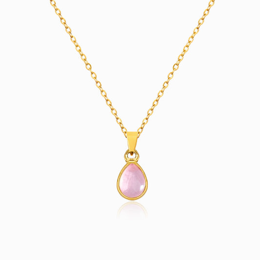 Gold Rose Quartz Teardrop Necklace CL1599 - Stainless Steel