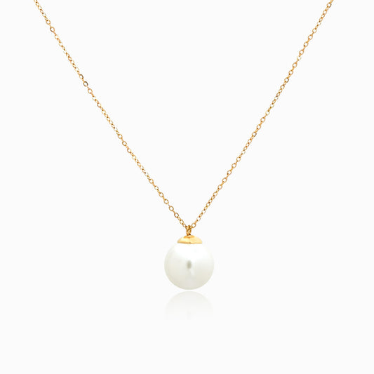Gold necklace with a pearl pendant on a white background