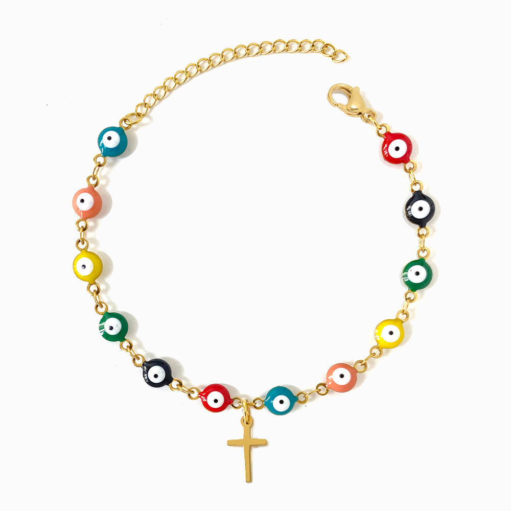 Gold Evil Eye Bracelet with Cross SL2178 - Stainless Steel